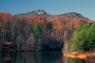 NC: Gaston County, Gastonia Area, Crowders Mountain State Park, Late autumn view of Kings Pinnacle over Short Lake, near Charlotte. [Ask for #230.394.]