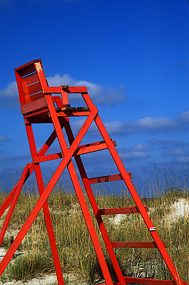 Lifeguard's chair, behind sand dunes. At the Red Cross Bldg (not visible). Location: FL, Duval County, Jacksonville Beach, Seawalk. [ref. to #231.156]