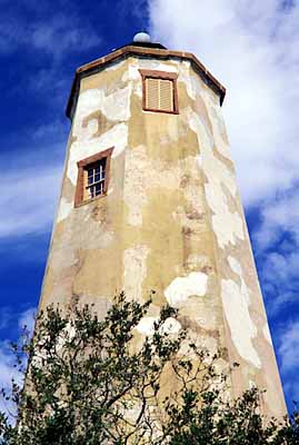 Top half of lighthouse, as viewed from the east. Location: NC, Brunswick County, Cape Fear Area, Bald Head Island, Bald Head I. Lighthouse (Old Baldy). [ref. to #233.028]