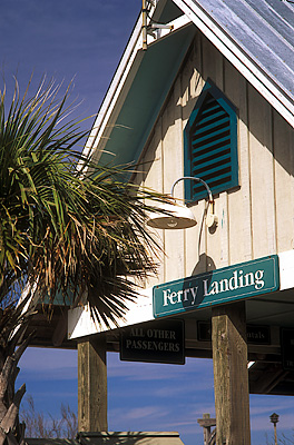 Bald Head Island ferry terminal, in Harbor village; sign "Ferry Landing" on gable end. Location: NC, Brunswick County, Cape Fear Area, Bald Head Island, Harbour Village. [ref. to #233.076]