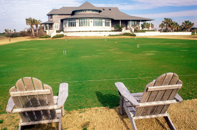 Tournament quality croquet greensward, in front of clubhouse. Location: NC, Brunswick County, Cape Fear Area, Bald Head Island, Flora's Bluff. [ref. to #233.118]