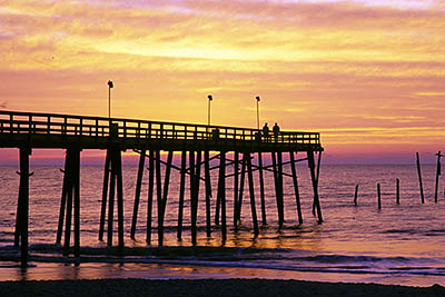 Sunrise from the beach; view towards Johnnie Mercer Fishing Pier. Location: NC, New Hanover County, Wilimington Area, Wrightsville Beach. [ref. to #233.226]