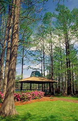 NC: New Hanover County, Cape Fear River Area, Wilmington, Greenfield Park & Gardens, Fountain & gazebo by Greenfield Lake. [Ask for #233.281.]