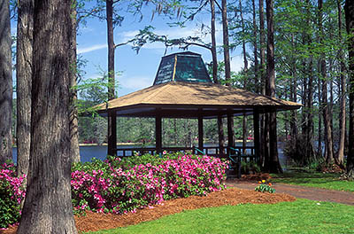 NC: New Hanover County, Cape Fear River Area, Wilmington, Greenfield Park & Gardens, Fountain & gazebo by Greenfield Lake. [Ask for #233.282.]