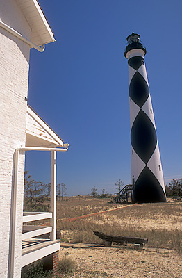 Viewed from lightkeeper's cottage. Location: NC, Carteret County, Cape Lookout Nat. Seashore, Cape Lookout, Cape Lookout Lighthouse. [ref. to #233.468]