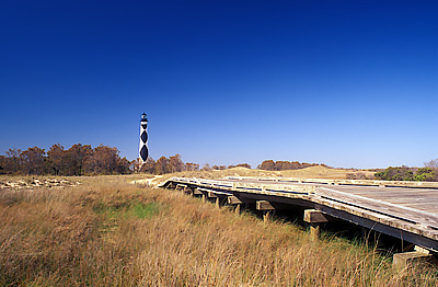 The lighthouse, viewed from wooden bridge. Location: NC, Carteret County, Cape Lookout Nat. Seashore, Cape Lookout, Cape Lookout Lighthouse. [ref. to #233.487]