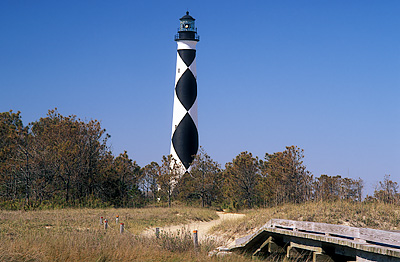 The lighthouse, viewed from wooden bridge. Location: NC, Carteret County, Cape Lookout Nat. Seashore, Cape Lookout, Cape Lookout Lighthouse. [ref. to #233.488]