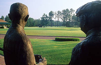 Pinehurst Country Club. Statues of Donald Ross (r) & Richard Tufts (l) looking out over Course No. 2. Location: NC, Moore County, Pinehurst/Southern Pines Area, Pinehurst Resort & Country Club. [ref. to #233.898]