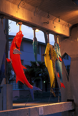 Paper mache fish hanging at City Docks, during Gasparilla Celebration. Location: FL, Hillsborough County, Tampa, Bayshore Blvd.. [ref. to #234.202]