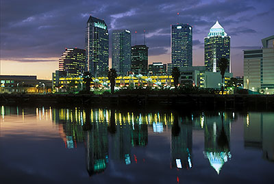 Tampa's skyline, viewed over Garrison Channel from Harbour Island, at night. Location: FL, Hillsborough County. [ref. to #234.367]