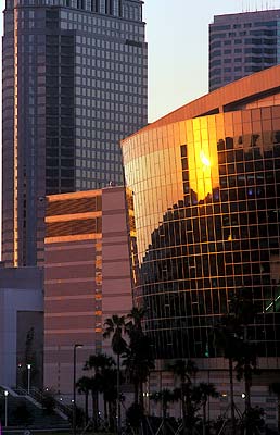 Ice Palace hocky arena in front of skyline, viewed over Garrison Channel from Harbour Island, in sunset light. Location: FL, Hillsborough County, Tampa, Downtown. [ref. to #234.376]