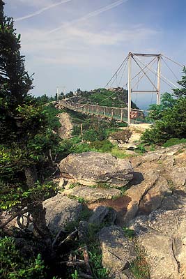 Mile High Suspension Bridge on Grandfather Mountain, viewed from cliffs. Location: NC, Avery County, Linville Area, Grandfather Mountain Park. [ref. to #235.072]