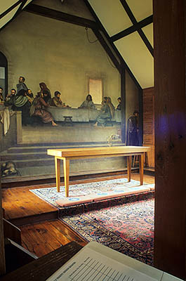 The Glendale Springs Frescoes; Last Supper fresco over altar. Location: NC, Ashe County, The Blue Ridge Area, Glendale Springs, Holy Trinity Episcopal Church (frescoes). [ref. to #235.091]