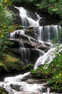 View of upper section of falls; late summer. Location: NC, Yancey County, Pisgah National Forest, The Black Mountains, Roaring Fork Falls, near Busick. [ref. to #235.225]