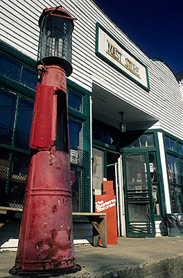 Front view of Mast General Store, a National Register structure, showing entrance, sign, and manual gas pump. Location: NC, Watauga County, Boone Area, Valle Crucis, Mast General Store. [ref. to #237.128]