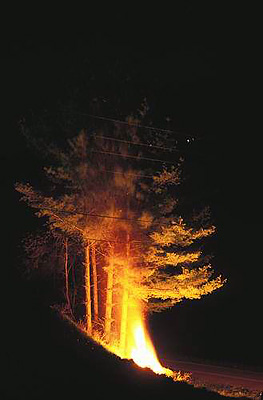 Brush burning in a field, at night. Location: NC, Yancey County, Mayland Valley, Bald Creek Area, Possum Trot Community. [ref. to #237.321]