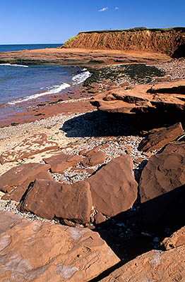 PE: Queens County, Anne's Land Area, Prince Edward Island National Park, Cavendish Beach East. View over the beach from a red sandstone shelf, beneath red cliffs. [Ask for #240.085.]