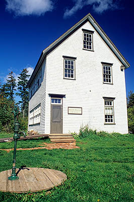 PE: Prince County, Anne's Land Area, Malpeque, Cabot Beach Provincial Park. Blair Water School, an early rural school mentioned in L. M. Montgomery's novels; hand pump. [Ask for #240.200.]