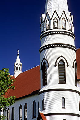 PE: Prince County, Anne's Land Area, Indian River Community, Large rural church with round steeple, covered in shingles and painted white. Detail of steeple tower and nave. [Ask for #240.208.]