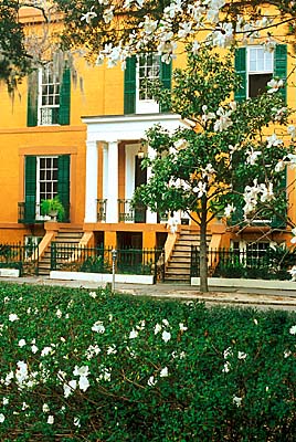 View from square, across azaleas in spring bloom, towards an historic townhouse. Location: GA, Chatham County, Savannah Historic District, The Squares, Wright Square District. [ref. to #241.121]