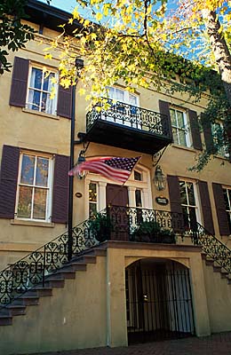 The Eliza Thomson House, a bed & breakfast inn in an historic townhouse. Location: GA, Chatham County, City of Savannah, Savannah Historic District, Madison Square District. [ref. to #241.133]