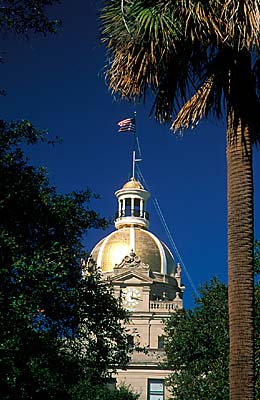 Gold dome of City Hall, viewed from park in front of Factor's Walk. Location: GA, Chatham County, Savannah Historic District, River Street & Factor's Walk, Savannah City Hall. [ref. to #241.134]