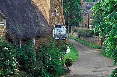 ENG: Thames & Chilterns Region, Oxfordshire, Upper Cherwell Valley, Banbury, Swalcliffe, Thatched stone-walled pub, "The Stags Head", on a narrow country lane, with spring flowers. [Ask for #243.055.]