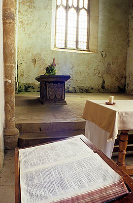 ENG: West Midlands Region, Warwickshire, Banbury Area ("Banburyshire"), The Northern Cotswolds, Burton Dassett, All Saints Church, a 12th-14th C. village church. Chapel in the north aisle, with alter & open bible. [Ask for #243.105.]