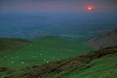 Sunset view west over the Vale of Clwyd, from Offa's Dyke Path. Location: WAL, Denbighshire County, Clwydian Hills, Ruthin Area, Moel Famau Country Park. [ref. to #246.079]