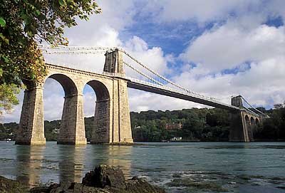 View of the Manai Straits ssuspension bridge, built 1826 by Telford. Location: WAL, Isle of Anglesey , Menai Strait Area, Menai Bridge. [ref. to #248.508]