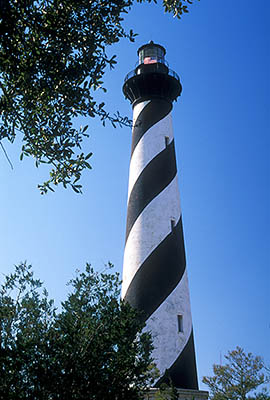 NC: Dare County, The Outer Banks, Hatteras National Seashore, Cape Hatteras Lighthouse, Upper section, showing US flag flying [Ask for #249.004.]