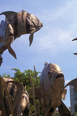 NC: New Hanover County, Wilimington Area, Carolina Beach Area, NC State Aquarium at Ft Fisher, A bronze sculpture of fish swimming through reeds marks the front entrance. [Ask for #249.473.]