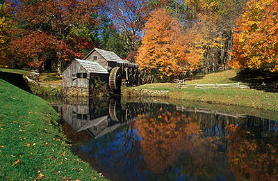 View of the mill in fall color. Location: VA, Floyd County, The Blue Ridge Parkway, Meadows of Dan Area, Mabry Mill, MP 176. [ref. to #251.003]