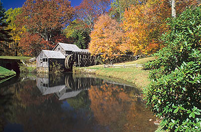 VA: Southern Mountains Region, Floyd County, The Blue Ridge Parkway, Meadows of Dan Area, Mabry Mill, MP 176, View of the mill in fall color [Ask for #251.005.]