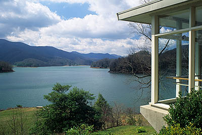 TN: The Northern Mountains Region, Carter County, Tennessee Valley Authority, Lake Watauga, Overlook Recreation Area, Glassed-in vista point with broad views over the lake, in early spring. [Ask for #252.043.]