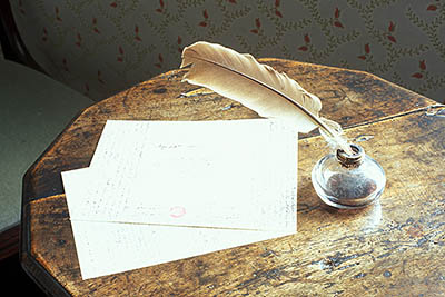 The desk upon which Jane Austin wrote or revised all of her novels, and the window by which she always worked. Location: ENG, Hampshire , South Downs National Park, The South Hampshire Downs, Jane Austin's House. [ref. to #253.038]