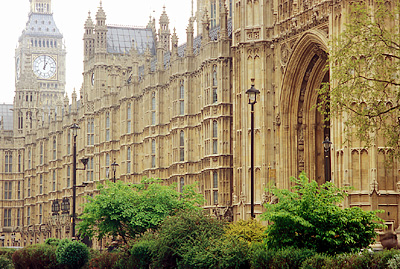 House of Parliament, viewed from Abingdon St, showing Big Ben, on a wet day. Location: ENG, Greater London, City of Westminster, St James District. [ref. to #256.121]