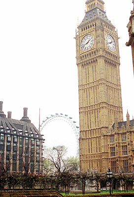 Big Ben on a rainy day; London Eye in bkgd. Location: ENG, Greater London , City of Westminster, St James District, House of Parliament. [ref. to #256.128]