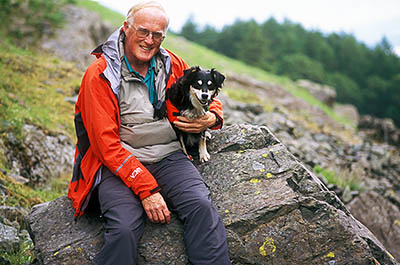 Search and Rescue Dogs Assoc. (Lake District) training session. Handler Mick Guy with search dog Mist. Location: ENG, Cumbria , The Lakes District National Park, Keswick-Borrowdale Area, Broadstack Gil in Borrowdale (NT). [ref. to #259.150]