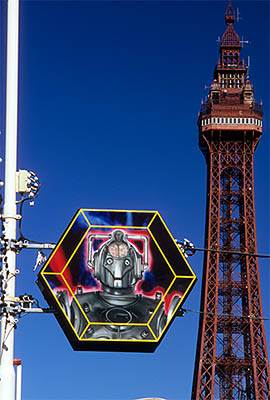 ENG: Manchester-Liverpool Urban Area, Blackpool Borough, The Golden Mile, Central Pier, Doctor Who illumination features a cyberman; Tower in background [Ask for #262.032.]