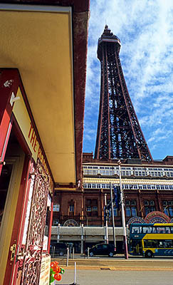 ENG: Manchester-Liverpool Urban Area, Blackpool Borough, Historic Town Center, The Promenade, Beach kiosk sells hot waffles on the seawall,  in front of The Tower [Ask for #262.039.]