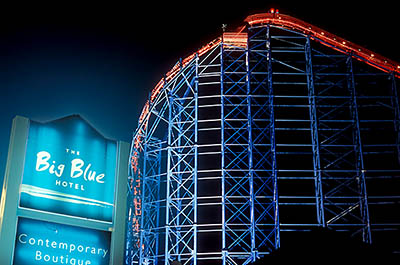 ENG: Manchester-Liverpool Urban Area, Blackpool Borough, Pleasure Beach, The Big Blue Hotel, in front of The Big One roller coaster, at night; ASK FOR DIGITAL VERSION [Ask for #262.069.]