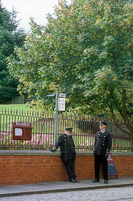 ENG: Northumbria Region, Durham, Beamish, The North of England Open Air Museum, Visitors Center Area, Tram conductors, in historic costume, wait at the tram station [Ask for #262.295.]