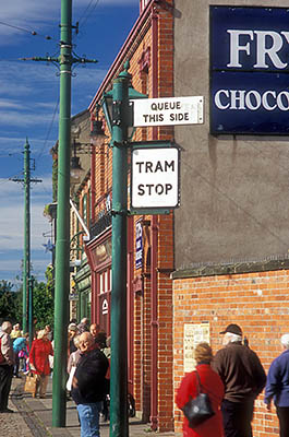 ENG: Northumbria Region, Durham, Beamish, The North of England Open Air Museum, The Town, High Street, restored to its 1913 appearance; cast iron tram stop sign. [Ask for #262.305.]