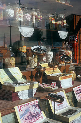 ENG: Northumbria Region, Durham, Beamish, The North of England Open Air Museum, The Town, High Street, restored to its 1913 appearance; displays in the candy store window [Note: focus is soft] [Ask for #262.308.]