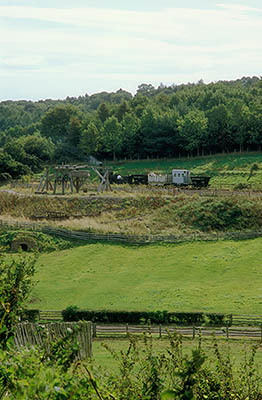 ENG: Northumbria Region, Durham, Beamish, The North of England Open Air Museum, Pockerley Manor, View towards the Pockerley Waggonway, with c.1815 locomotive in operation [Ask for #262.319.]