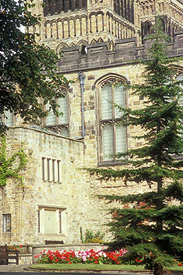 ENG: Northumbria Region, Durham, Durham Borough, Medieval Durham, Durham Cathedral; East Towers viewed from gardens beside the Deanery, built in the 12th C. as monastic lodgings. [Ask for #262.365.]