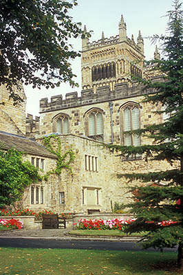 ENG: Northumbria Region, Durham, Durham Borough, Medieval Durham, Durham Cathedral; East Towers viewed from gardens beside the Deanery, built in the 12th C. as monastic lodgings. [Ask for #262.366.]