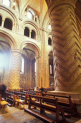 ENG: Northumbria Region, Durham, Durham Borough, Medieval Durham, Durham Cathedral. Interior; The Nave, showing a Norman pillar with deeply incised abstract designs [Ask for #262.371.]