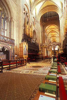 ENG: Northumbria Region, Durham, Durham Borough, Medieval Durham, Durham Cathedral. Interior; The Choir, with view back towards the Nave. [Ask for #262.374.]